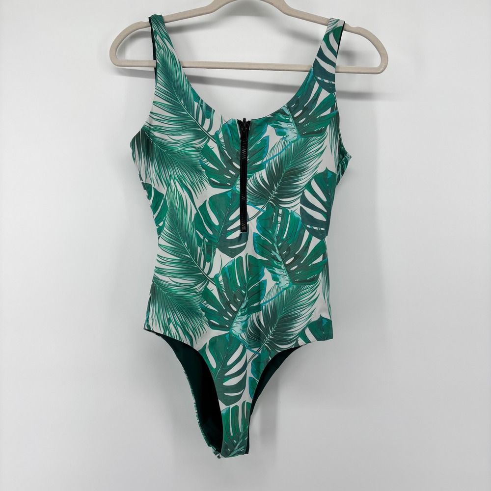Young & Reckless Reversible One Piece Swimsuit Tropical Green White Zip Front M